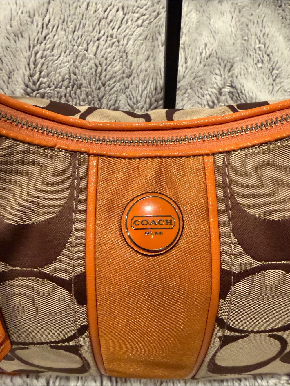 COACH Signature Stripe Convertible Hobo Bag Khaki Orange F21873 - Picture 7 of 13